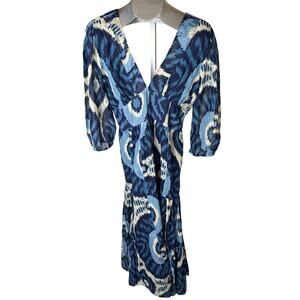 Love The Label Elise Boho Indie Printed Midi Dress Puff Sleeve Blue L